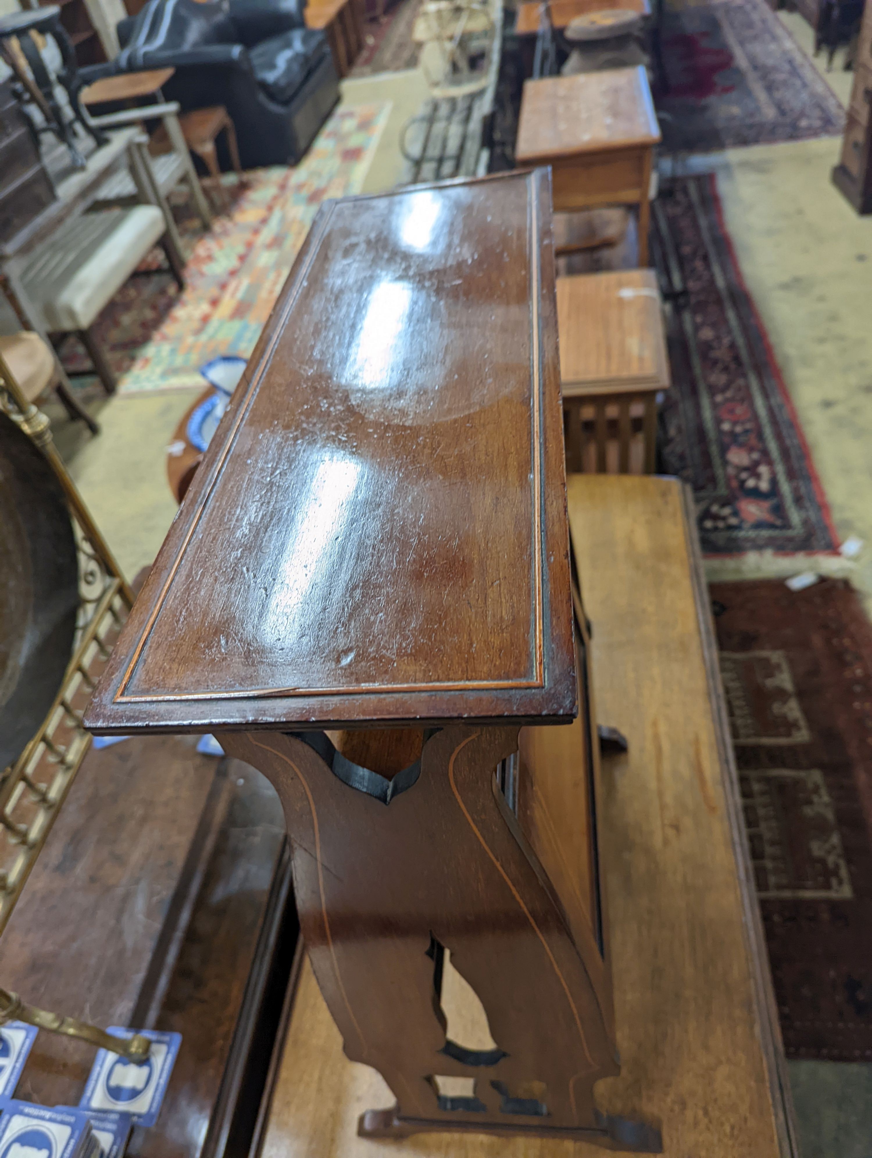 An Edwardian satinwood banded mahogany newspaper stand, width 54cm, depth 22cm, height 75cm